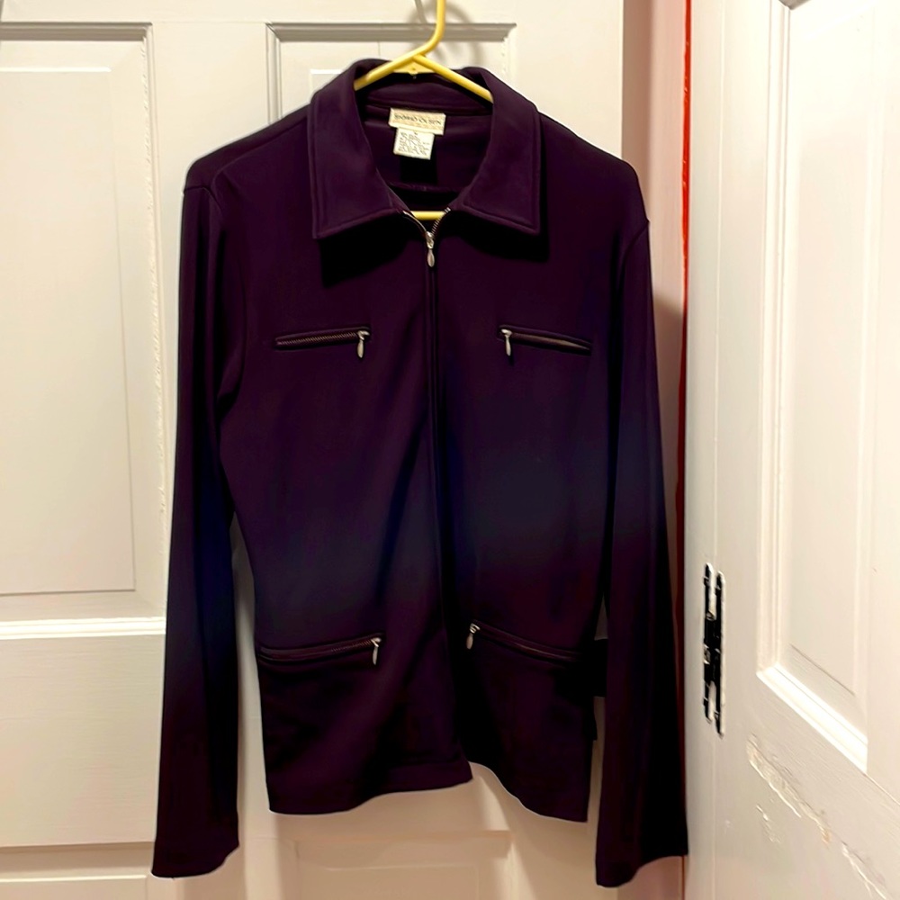 Vintage jacket in eggplant, purchased in the 90s. Zippered with four pockets.